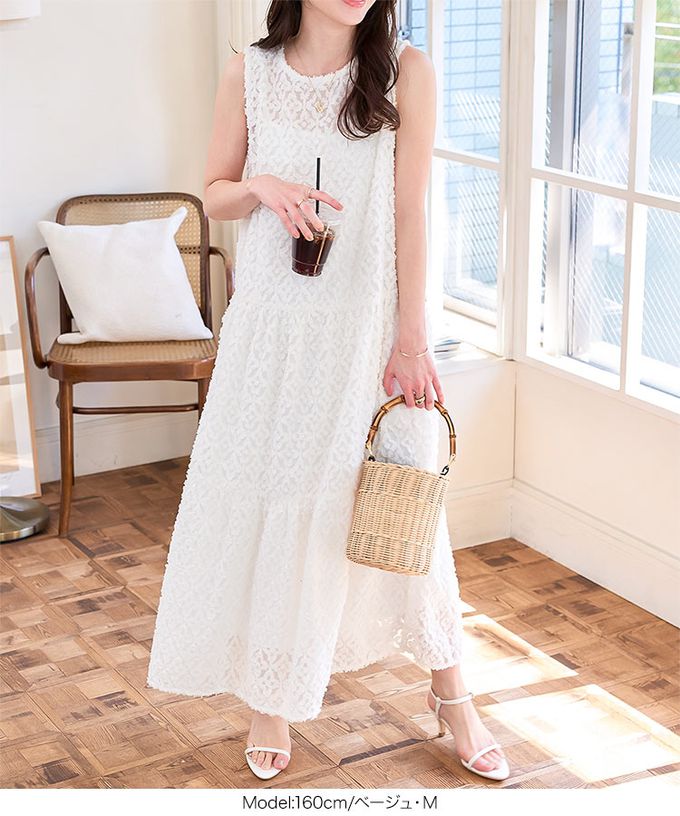 日本 Kobe Lettuce - 透膚感優雅緹花分層無袖洋裝(附內襯)-米白