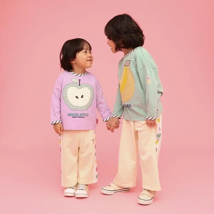 日本 ZOOLAND - 水果樂園 格紋緹花長袖上衣-蘋果-紫