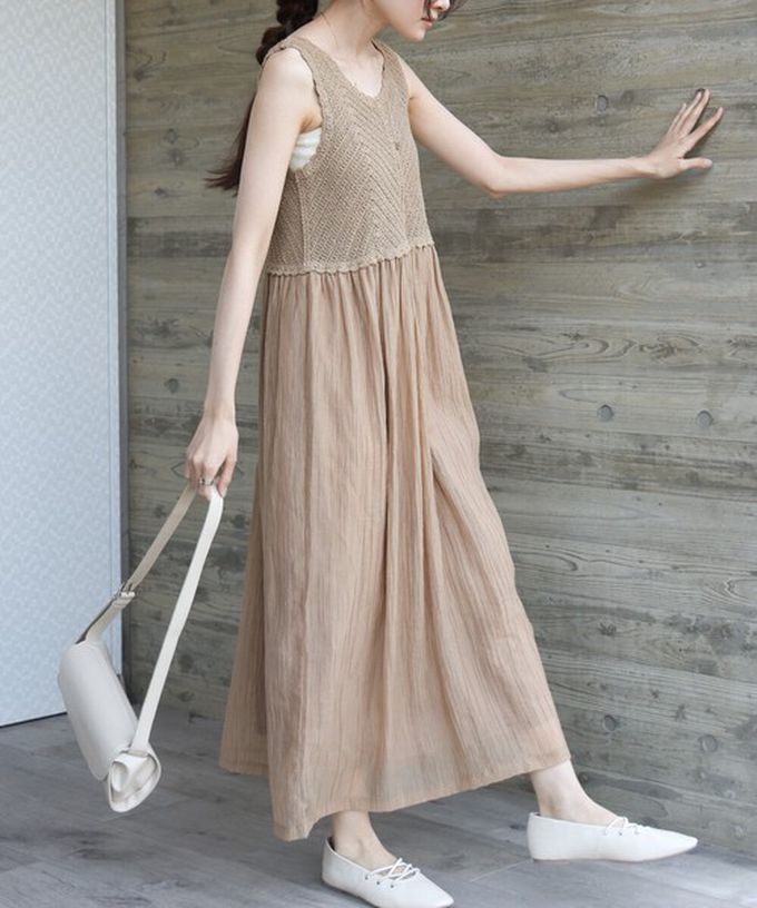 日本 Bab - 夏日氛圍鉤針縐紗背心裙-藍x棕