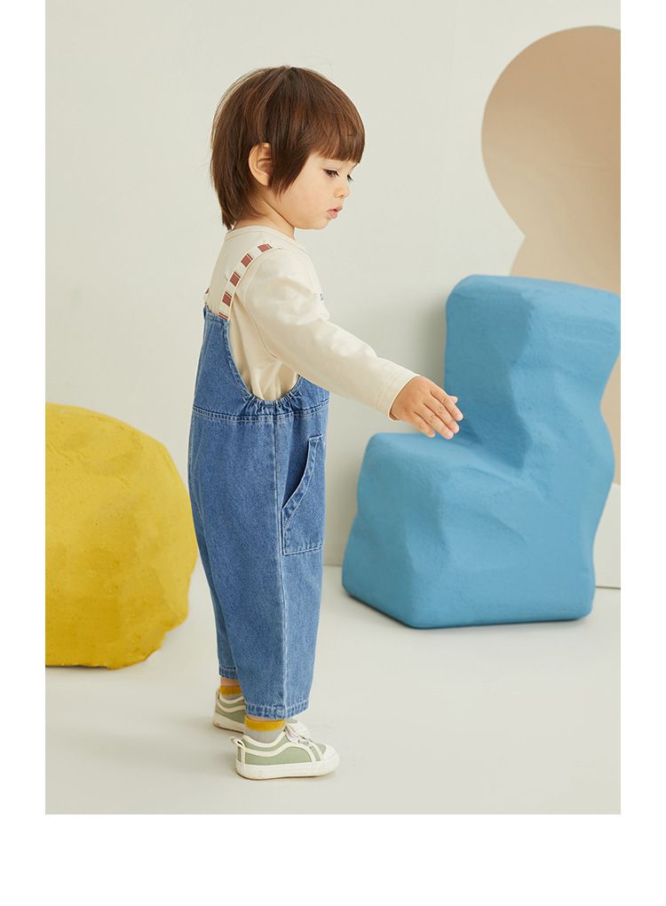 休閒條紋吊帶牛仔長褲-藍色