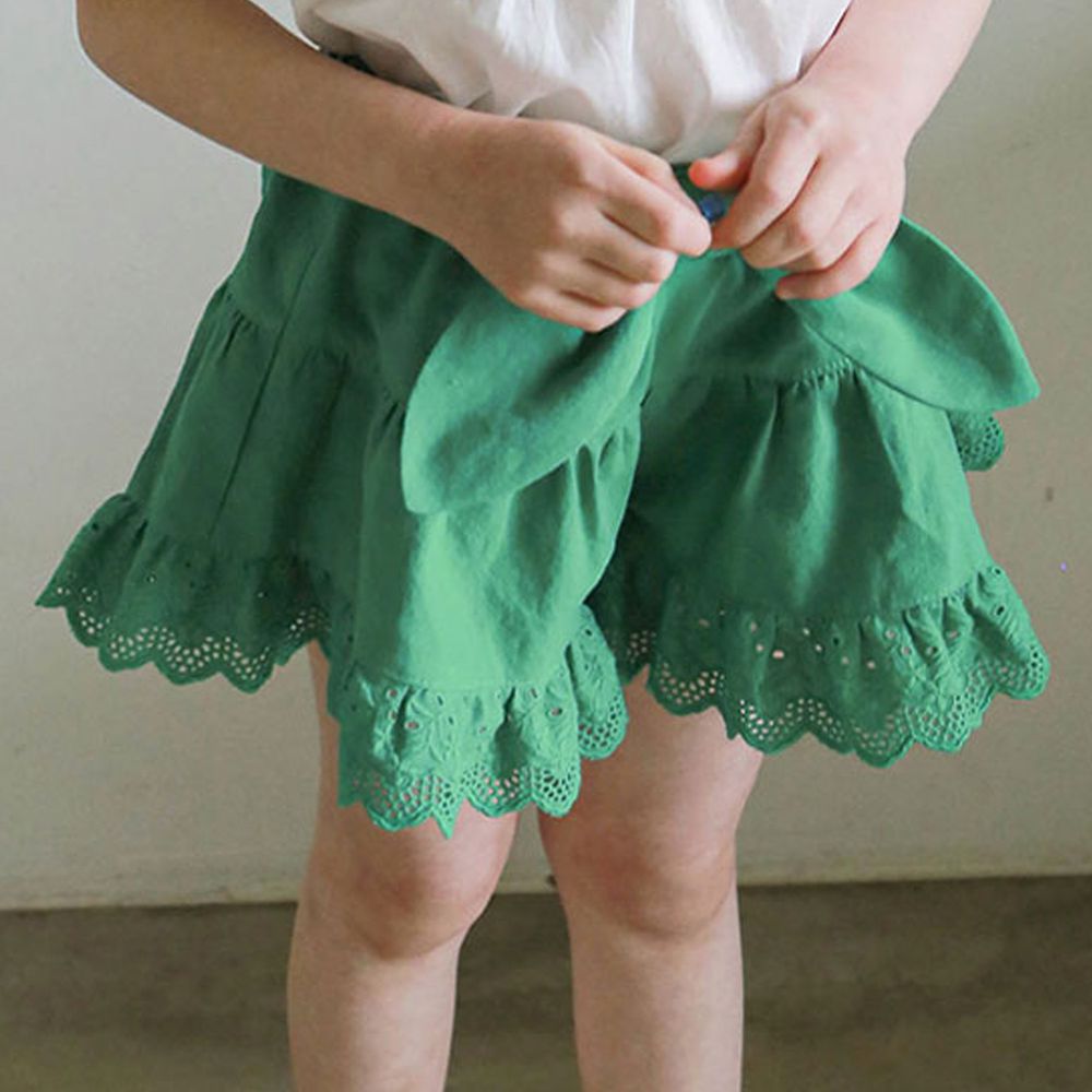 韓國 PuellaFLO - 雕花蕾絲下擺蝴蝶結褲裙-綠