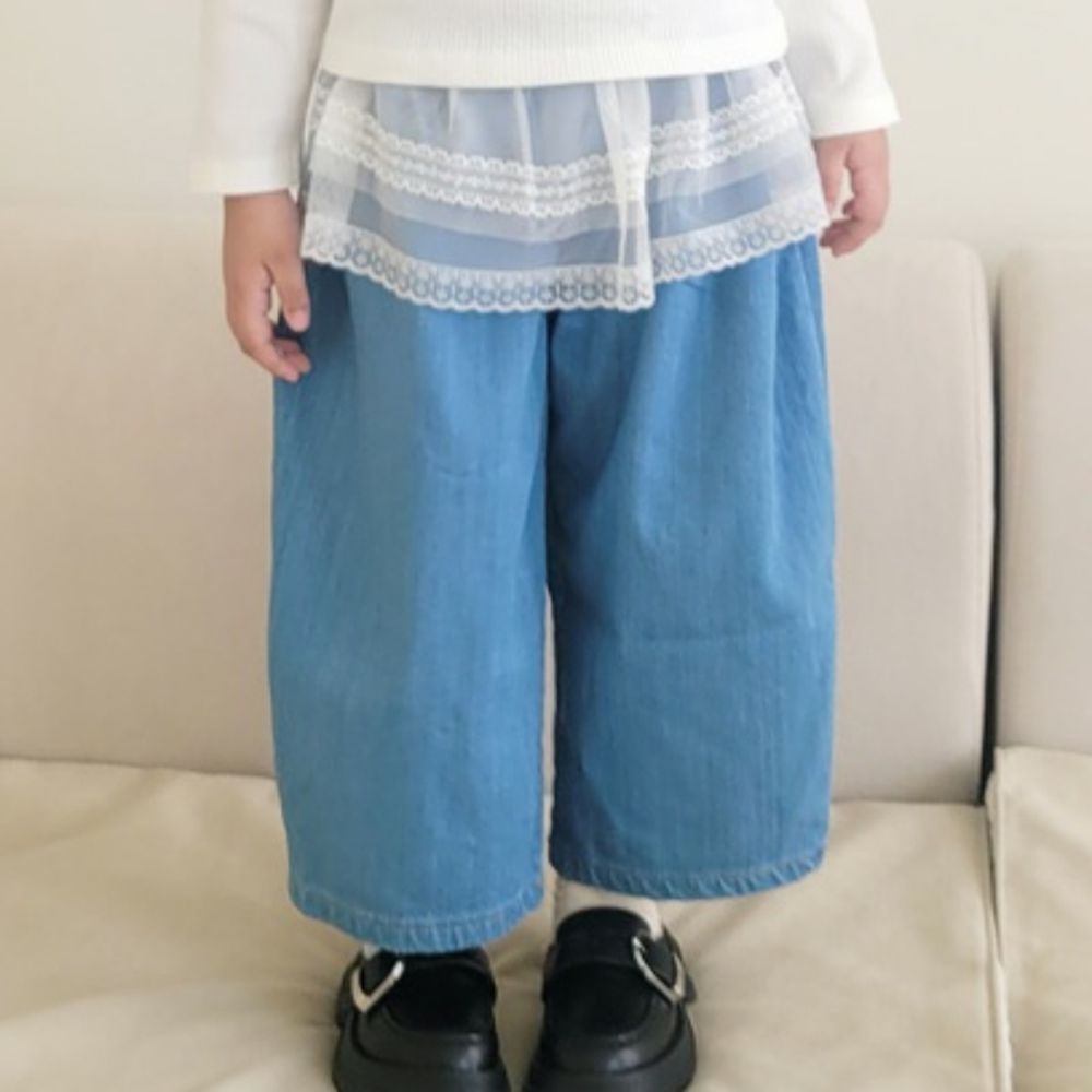 Peanuts House 鬆緊腰抓褶感丹寧哈倫丹寧褲-淺藍