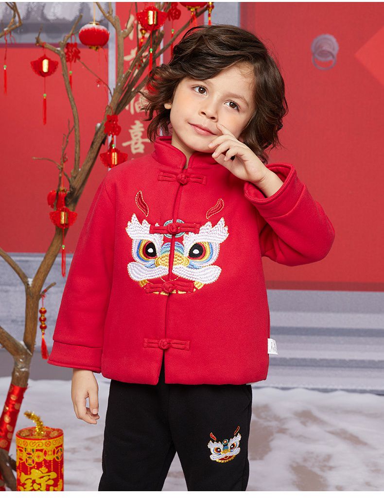 漢服風喜氣拜年立領盤釦外套-醒獅-紅色