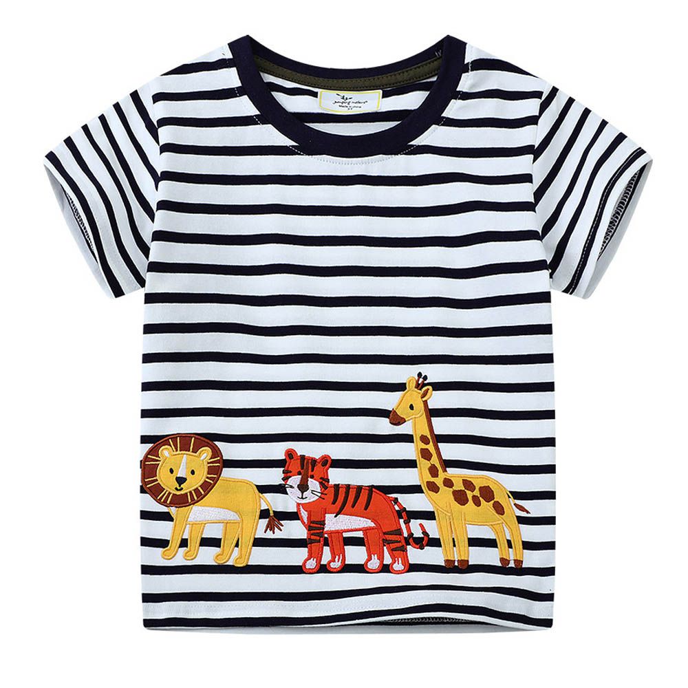 棉質圓領短袖上衣-獅子老虎長頸鹿-條紋