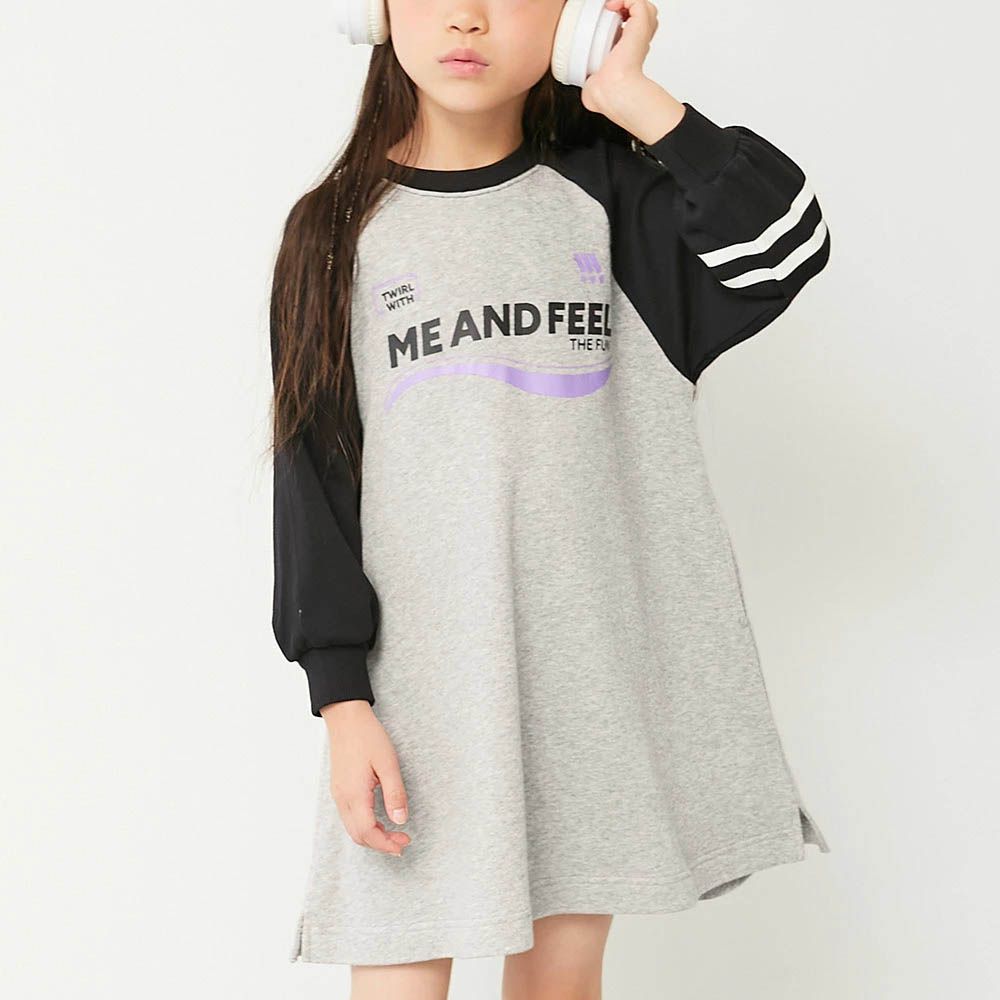 100%棉 撞色印花長袖洋裝-灰X黑