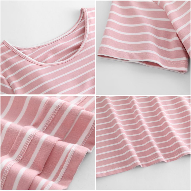 莫代爾柔軟涼感Bra T條紋睡裙-粉白條紋