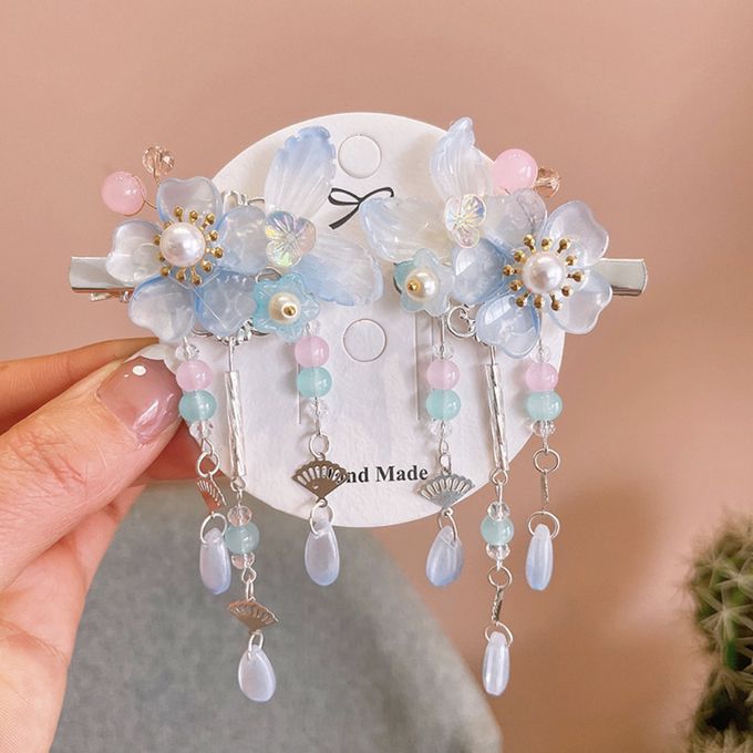 love, charlotte - 漢服花朵流蘇吊墜髮飾對夾-寶寶藍色