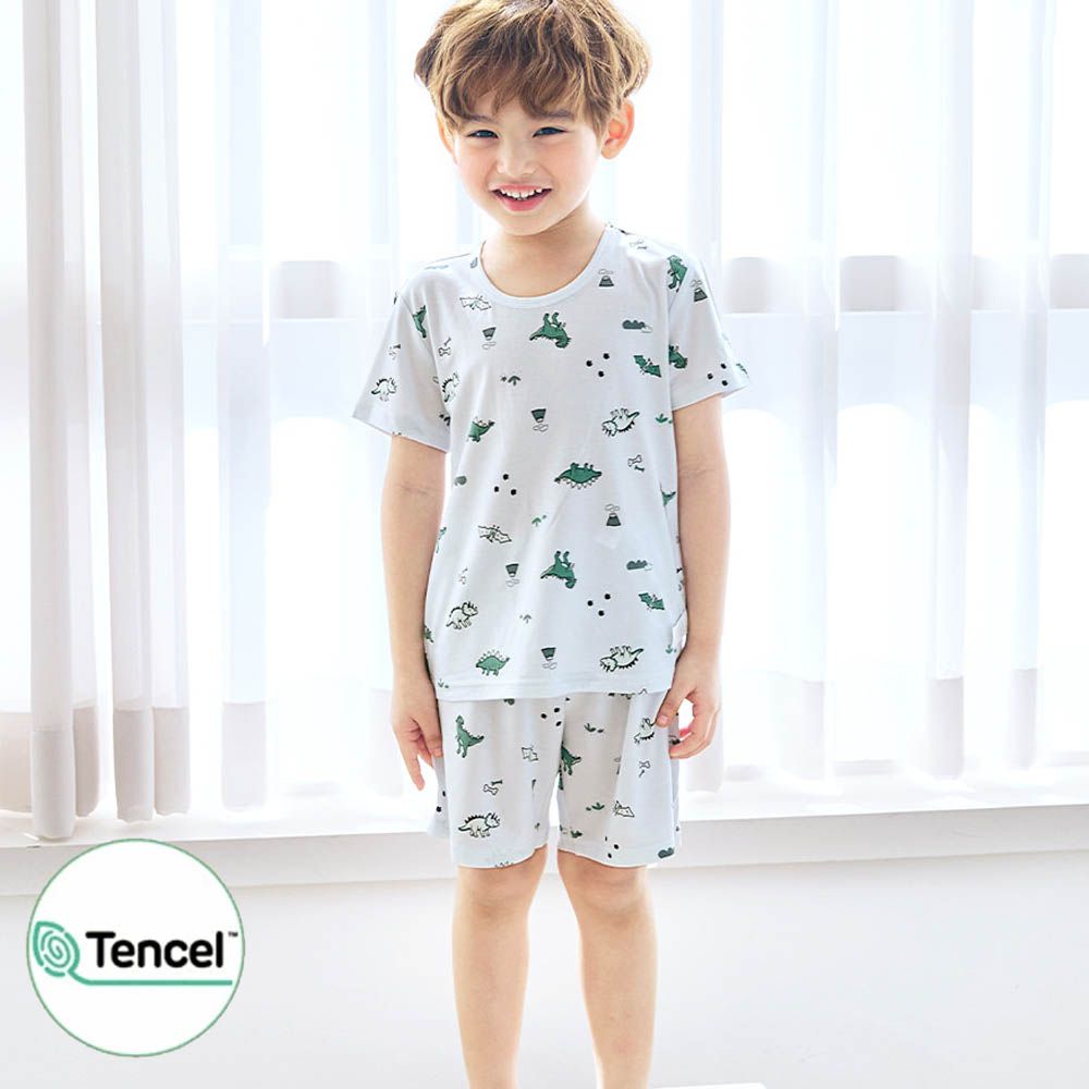 天絲莫代爾透氣短袖家居服-恐龍公園-淺灰藍