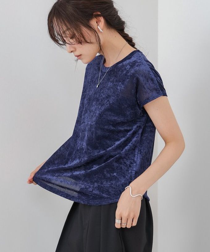 日本 Bab - 微透輕盈天鵝絨法式袖上衣-海軍藍 (M)