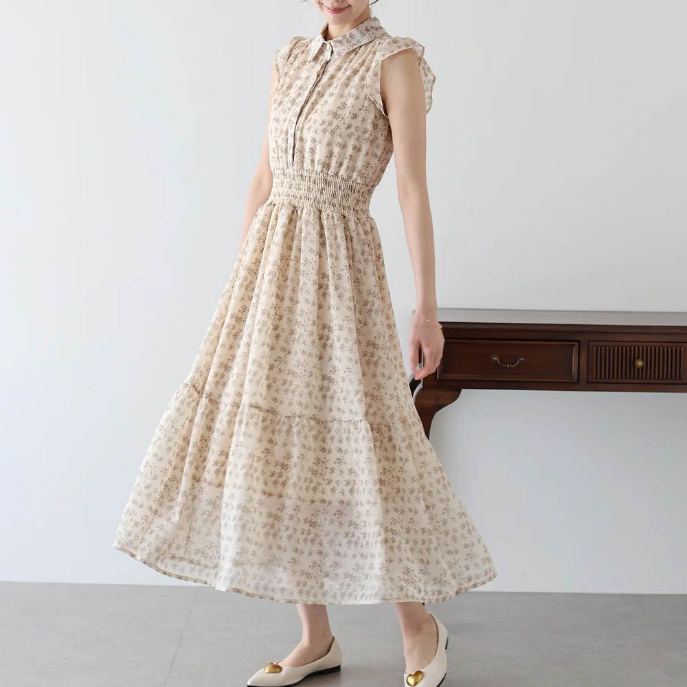 甜美雪紡束腰小荷葉短袖洋裝-碎花-米杏 (M)