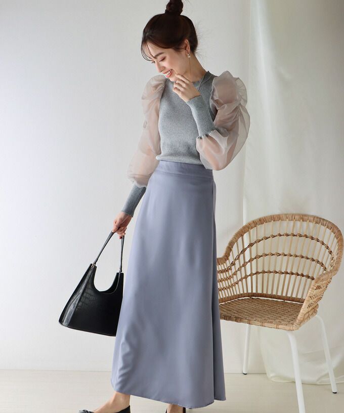 日本 BLUE EAST - 氣質薄紗抓皺長袖上衣-灰