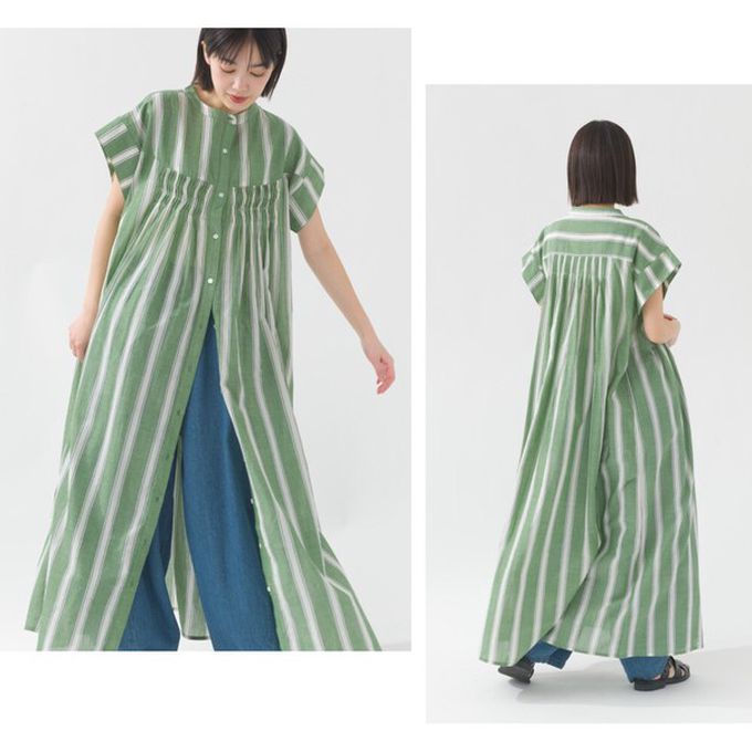 日本 OMNES - 100%印度棉 輕盈襯衫式短袖洋裝-淺棕條紋