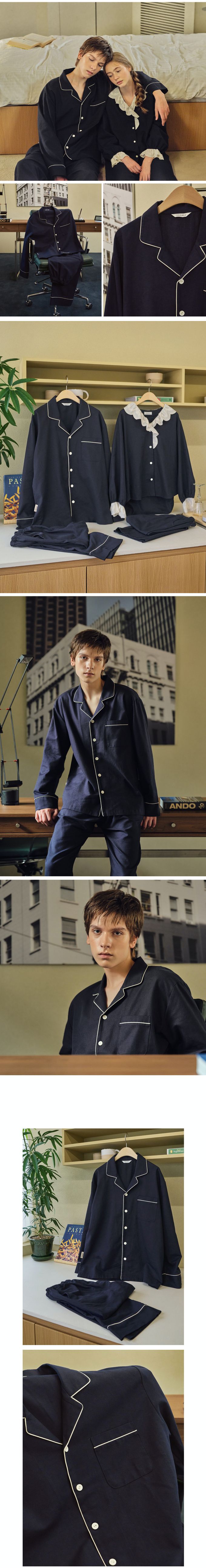 韓國 ULLALA - (情侶款)質感純色長袖睡衣套裝-男款-深藍 (FREE)