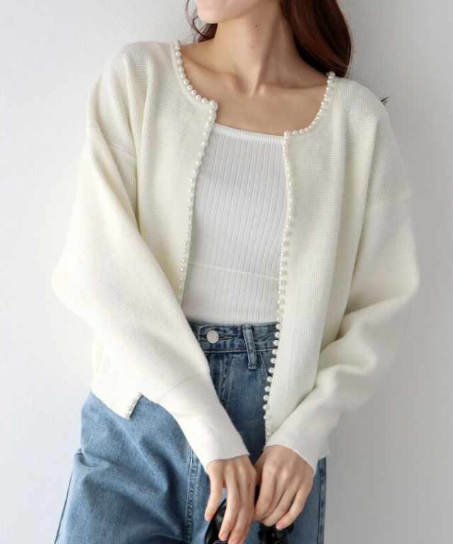 日本 BLUE EAST - 珍珠公主短版針織外套-米杏