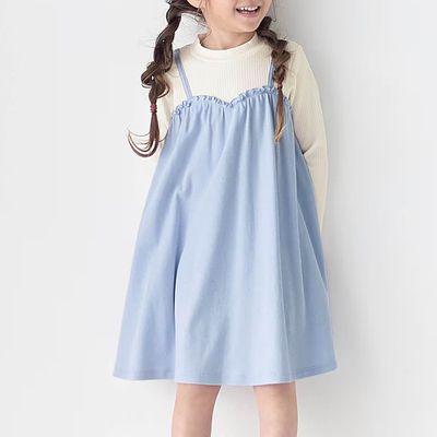 日本千趣會 - 假兩件式吊帶長袖洋裝-素面-天藍