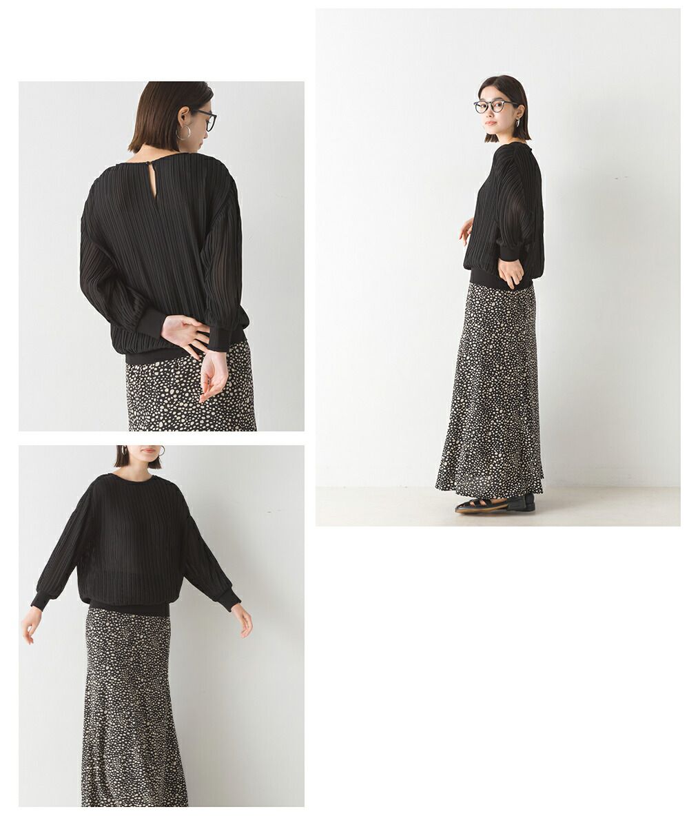 日本 OMNES - 微透感百摺薄長袖上衣-黑