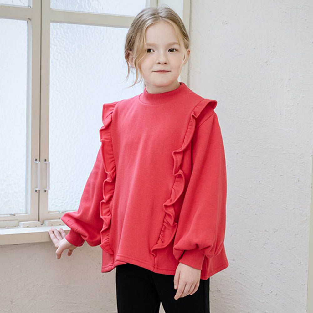 荷葉花邊點綴內刷毛長袖上衣-紅