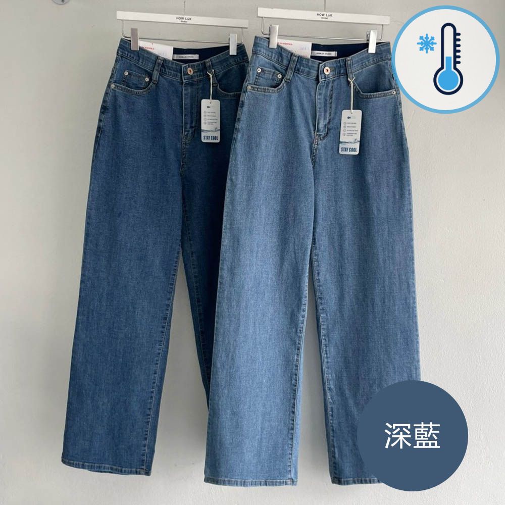 (涼感機能)鬆緊腰夏日輕丹寧直筒褲-深藍