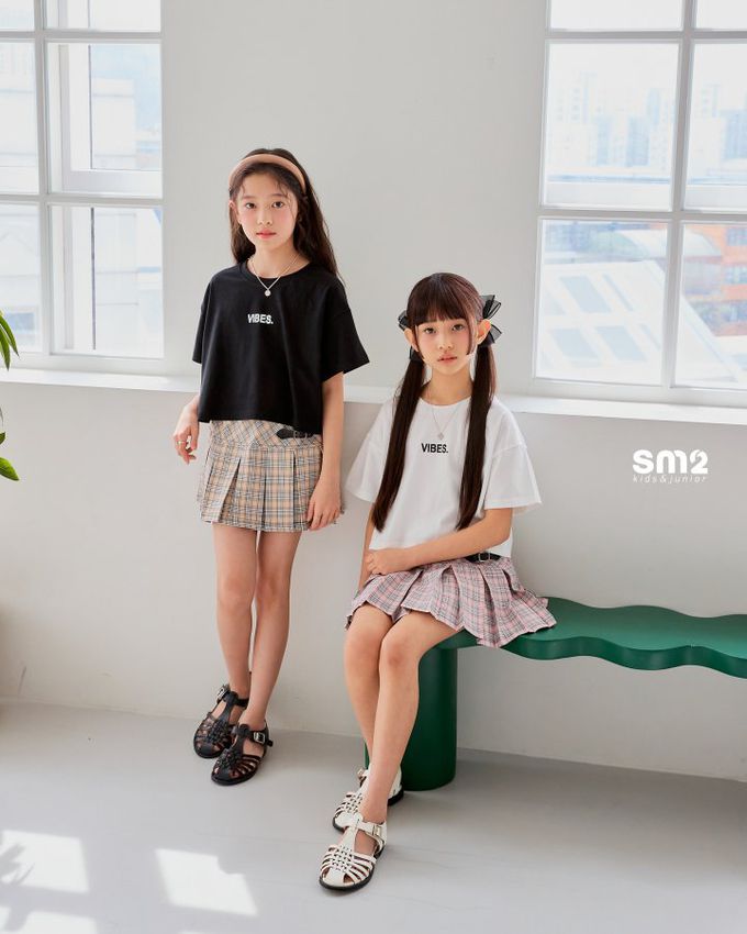 韓國 sm2 - 學院格紋扣帶裝飾百褶裙-粉