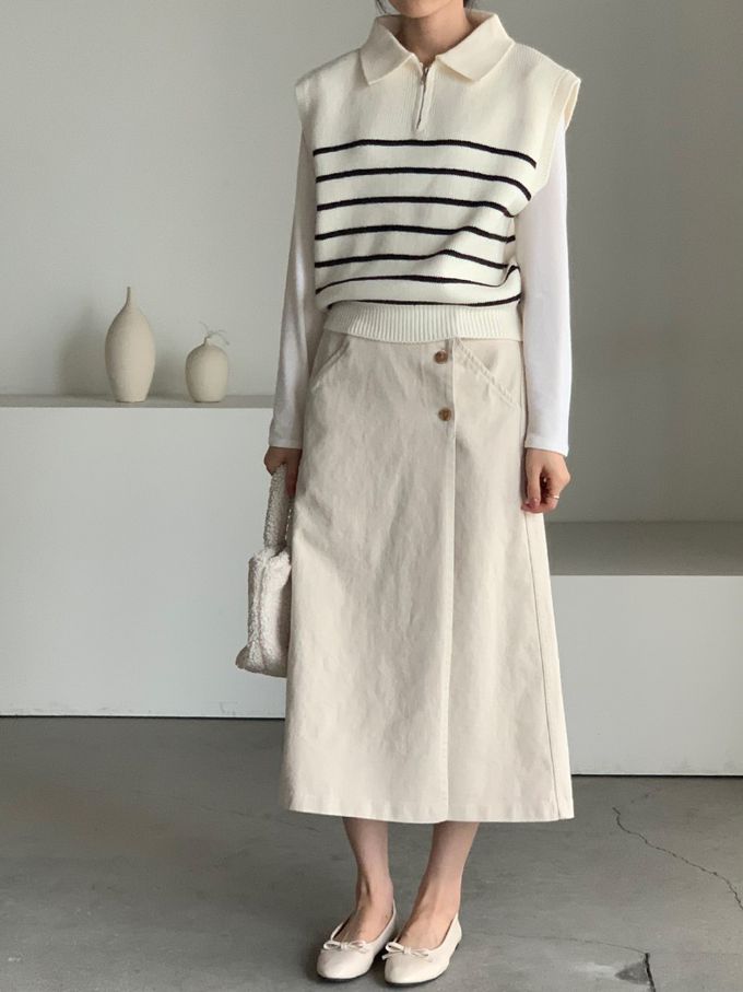 韓國女裝連線 - 拉鍊翻領條紋針織背心-米白 (FREE)