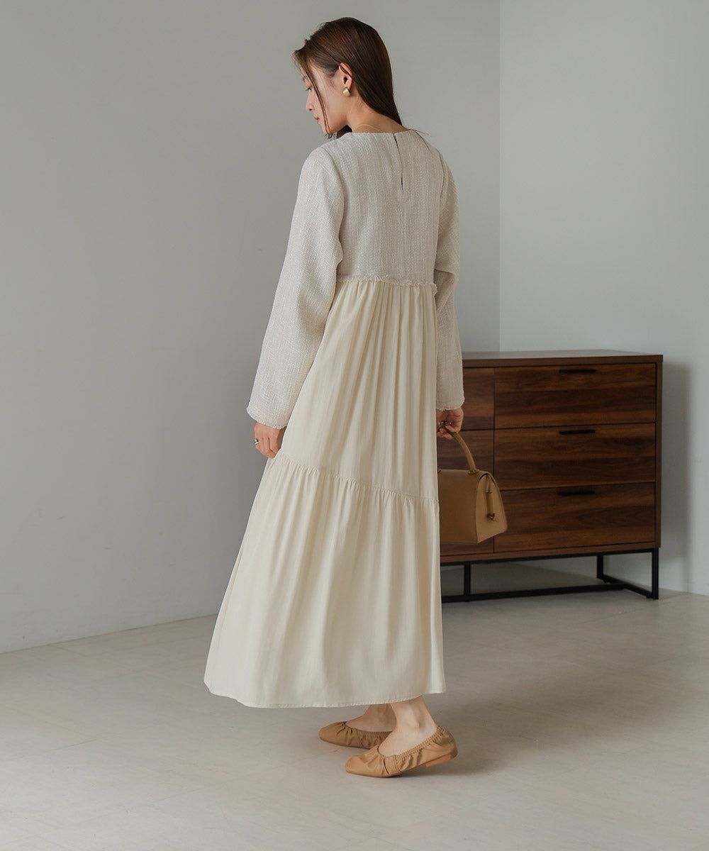 日本 Bab - 仙氣花呢異材質拼接長袖洋裝-黑