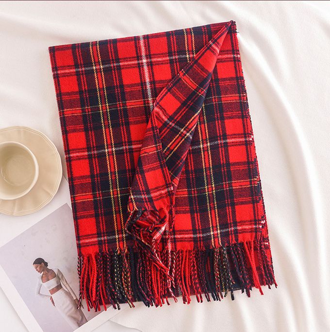 Love, Charlotte - 聖誕新年百搭紅色仿羊絨圍巾披肩-蘇格蘭紅黑格 (均碼 (70x190cm))