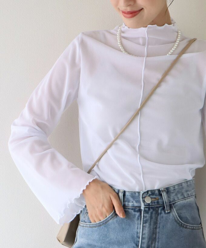 日本 BLUE EAST - 百搭木耳捲邊長袖上衣-白杏