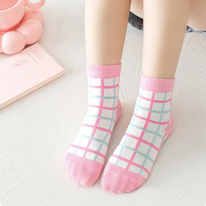 love, charlotte - 粉色小熊格子愛心網眼短筒棉襪-5 雙一組