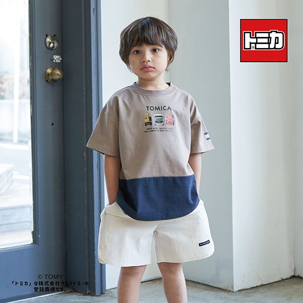 日本 b-ROOM - TOMICA聯名 印花短袖上衣-撞色-白x卡其