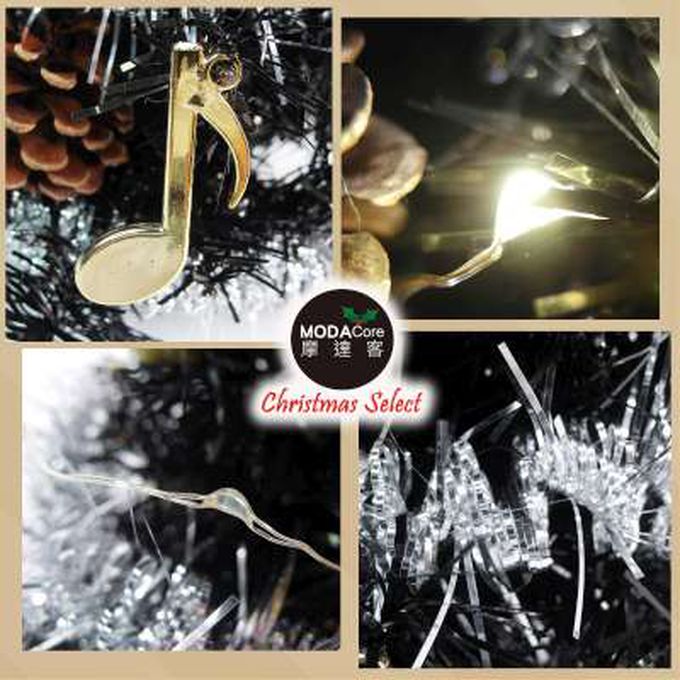 MODACore 摩達客 - 摩達客★台灣製迷你1呎/1尺(30cm)時尚銀彩音符系裝飾黑色聖誕樹+LED20燈銅線燈(暖白光/USB電池兩用充電)免組裝/本島免運費
