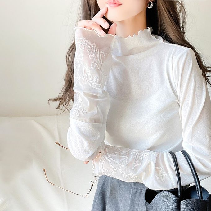 日本 Classical Elf - 精緻袖口蕾絲木耳立領上衣-炭灰