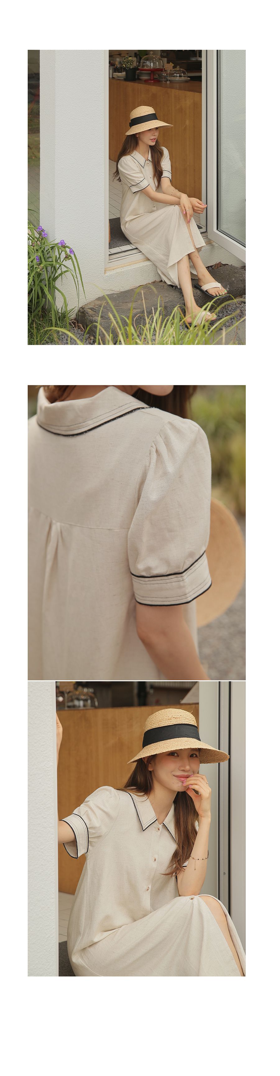 韓國 Urbantheroom - 婉約翻領棉麻連身洋裝-深藍黑 (Free)