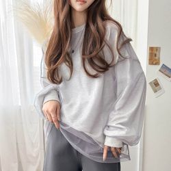 日本 Classical Elf - Java 透膚薄紗層次上衣-背後標籤印花-燕麥灰