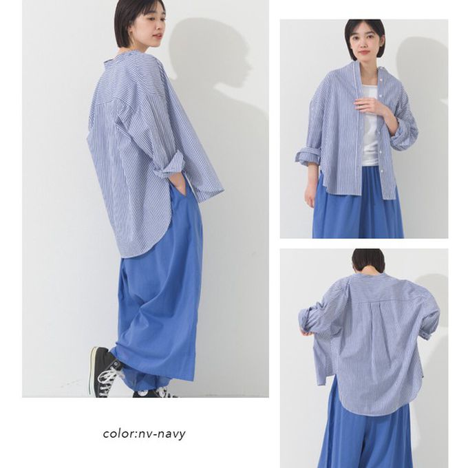 日本 OMNES - 純棉 俐落條紋寬鬆感立領襯衫-黑