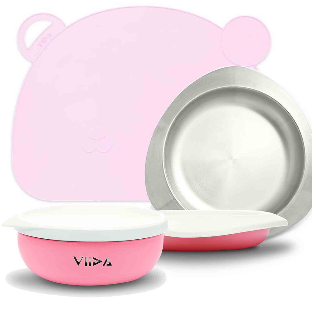 VIIDA - Soufflé抗菌不銹鋼餐盤 (粉) +Joy防滑矽膠餐墊 (粉) +Soufflé抗菌不銹鋼餐碗 (粉)