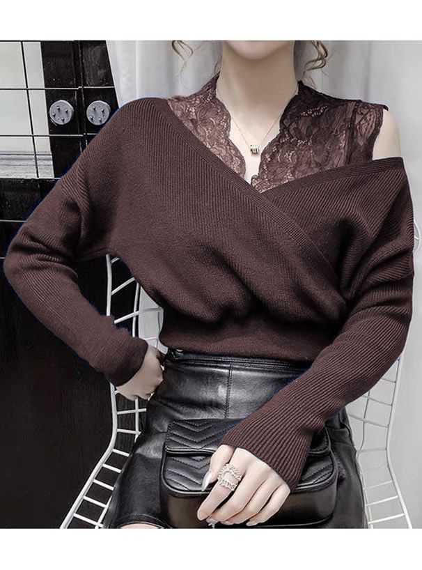 日本 GRL - 蕾絲V領縮腰針織上衣-可可棕