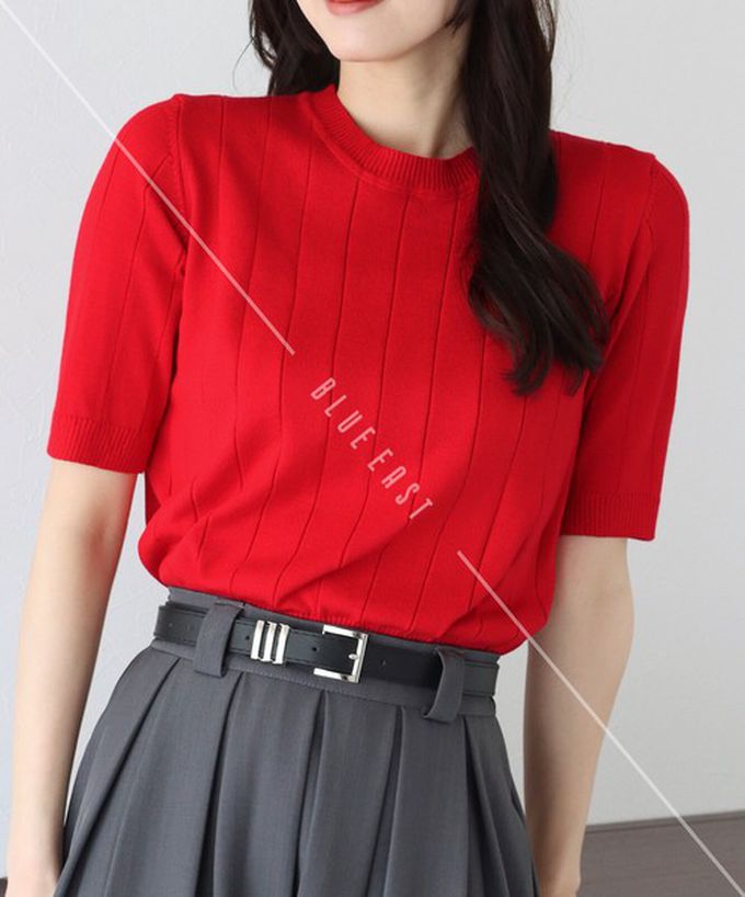 日本 BLUE EAST - 羅紋彈性薄針織五分袖上衣-淺卡其