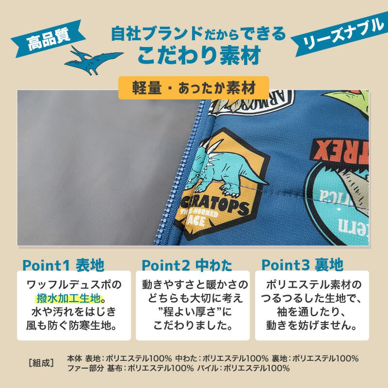 日本 ZOOLAND - 防寒防潑水鋪棉保暖外套-恐龍徽章-海軍藍