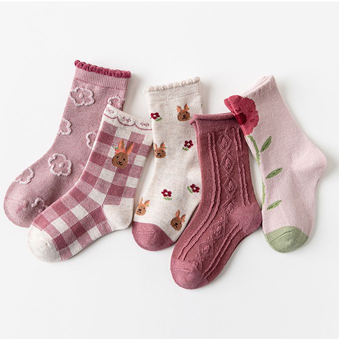 腳ㄚ子 - 幼/兒童棉質中筒襪 童襪 襪子 棉襪 兒童襪-緋紅花舞