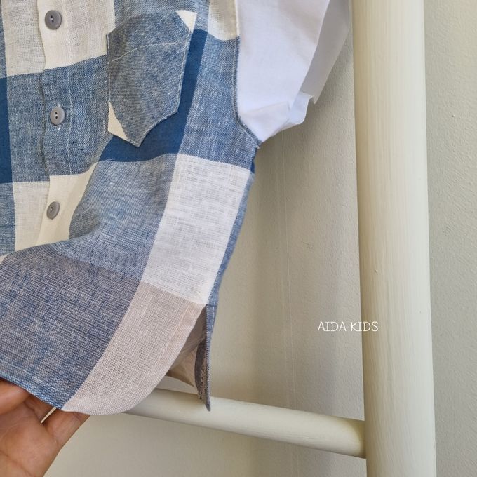 韓國 AIDA - 休閒風格子短袖翻領襯衫-藍X米