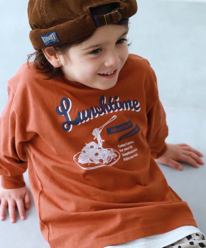 日本 devirock - 100%棉 印花寬鬆長袖T恤-義大利麵標語-白