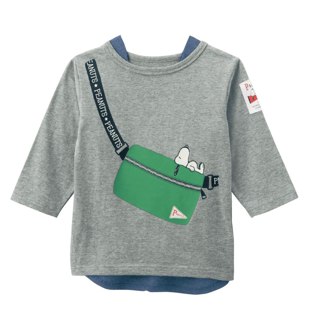 日本千趣會 - 史努比假兩件七分袖T-綠色側背包-灰