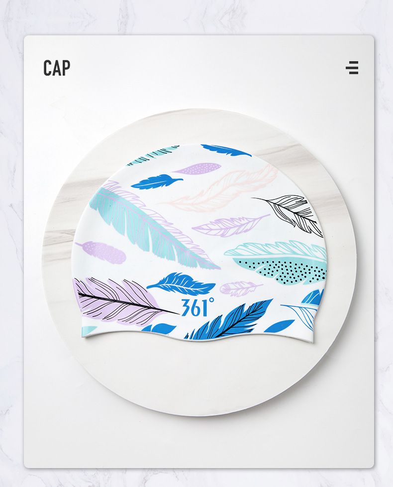 361° - 成人印花矽膠泳帽-羽毛-白色 (頭圍65cm以下)