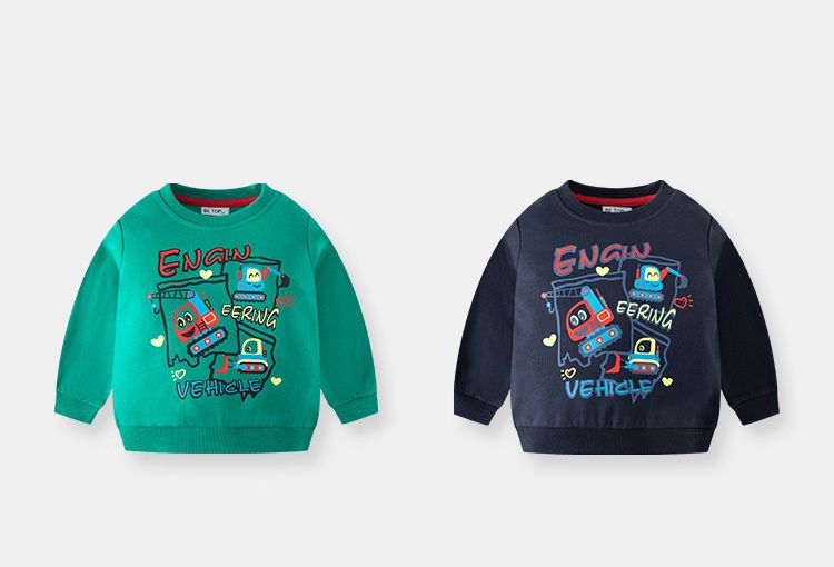 純棉圓領長袖上衣/大學T-合作的工程車車-深藍色