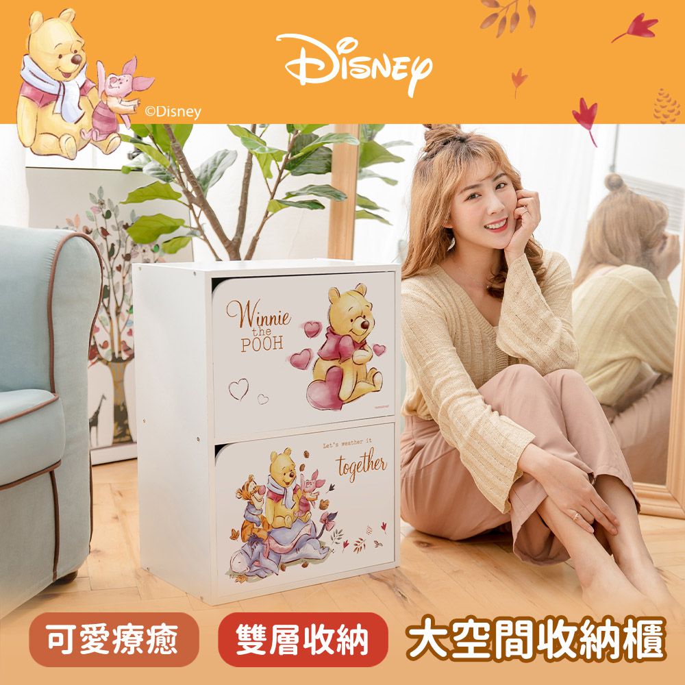 迪士尼 Disney  小熊維尼插畫風 雙層收納櫃 二層二門櫃雙層櫃 收納櫃 木櫃