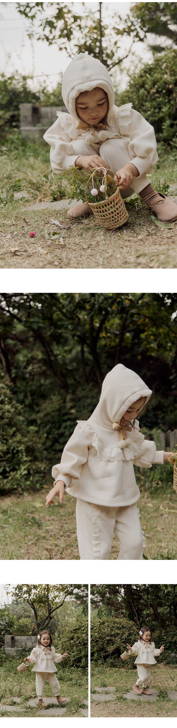 韓國 Puellaflo - (不含毛球抽繩)花邊連帽上衣-米白