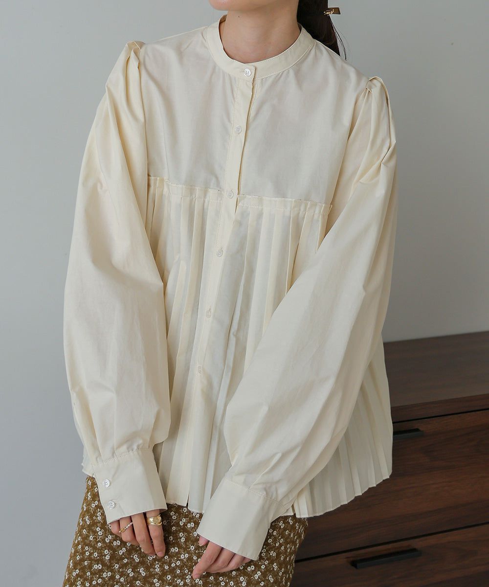 日本 Bab - 歐風百褶拼接泡泡袖襯衫-灰棕