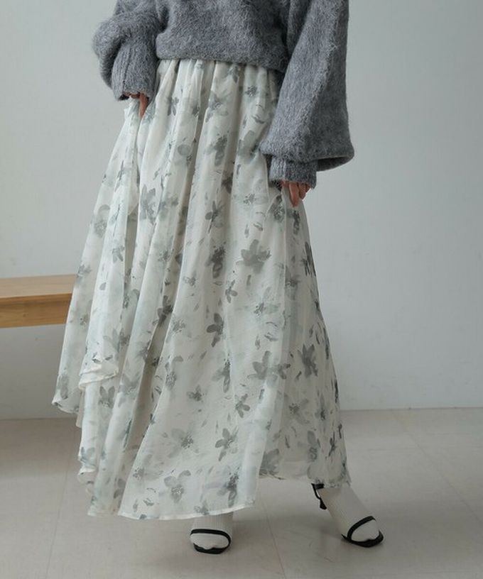 日本 Bab - 溫柔印象花卉雪紡長裙-淺灰