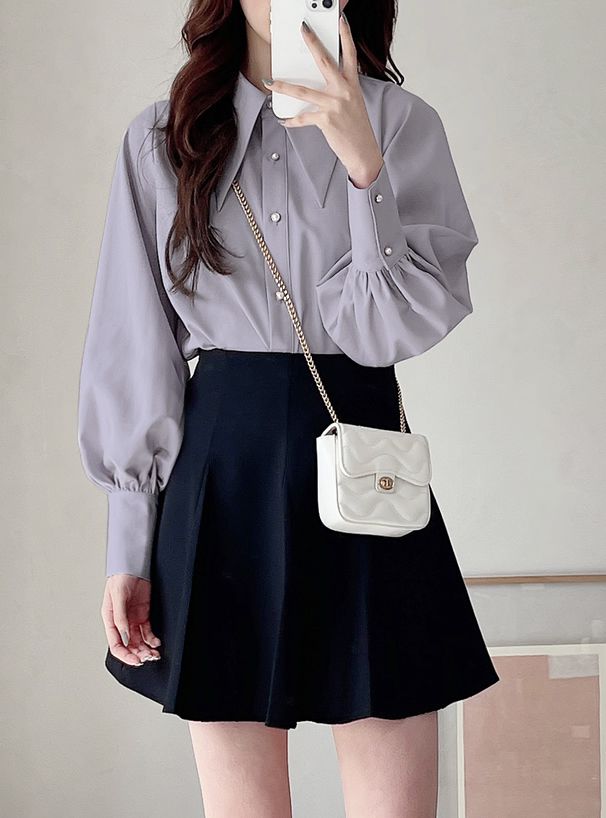 日本 GRL - 光澤感精靈領泡泡袖襯衫-淺米杏