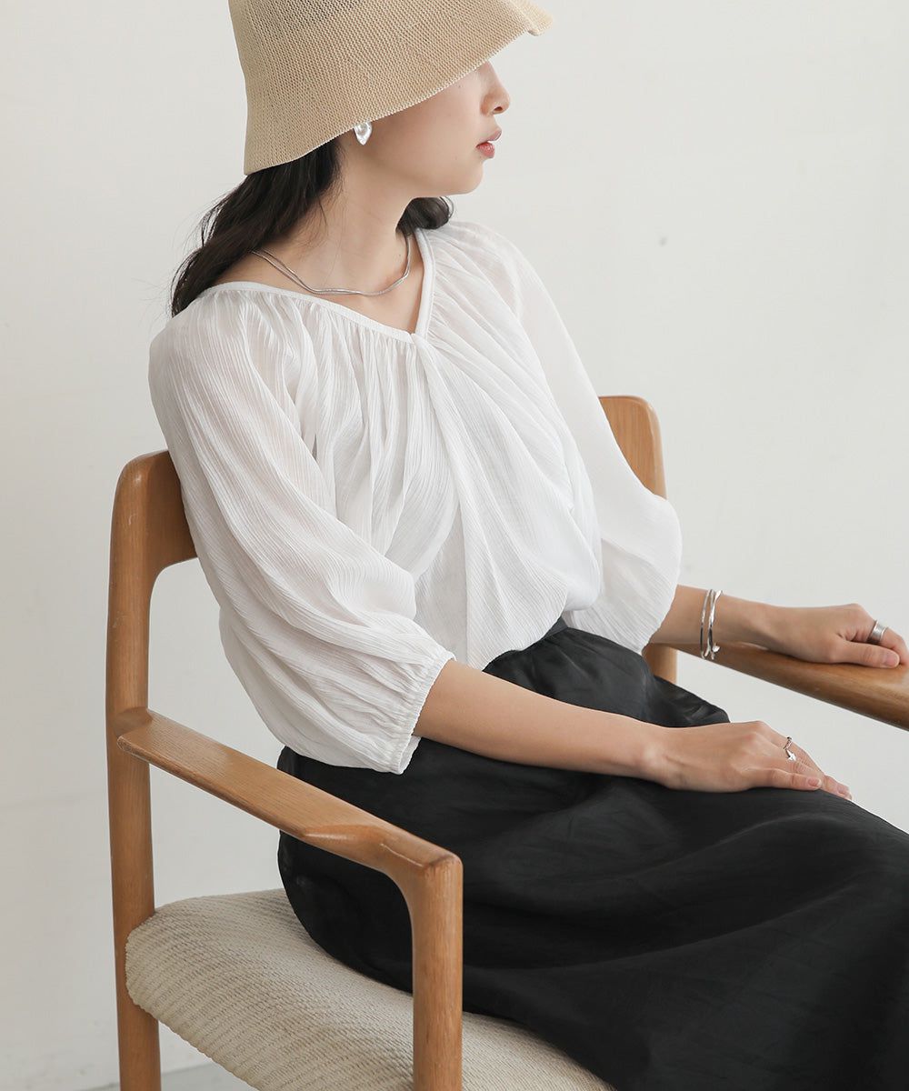 日本 Bab - 嫘縈後綁帶氣球袖上衣-咖啡